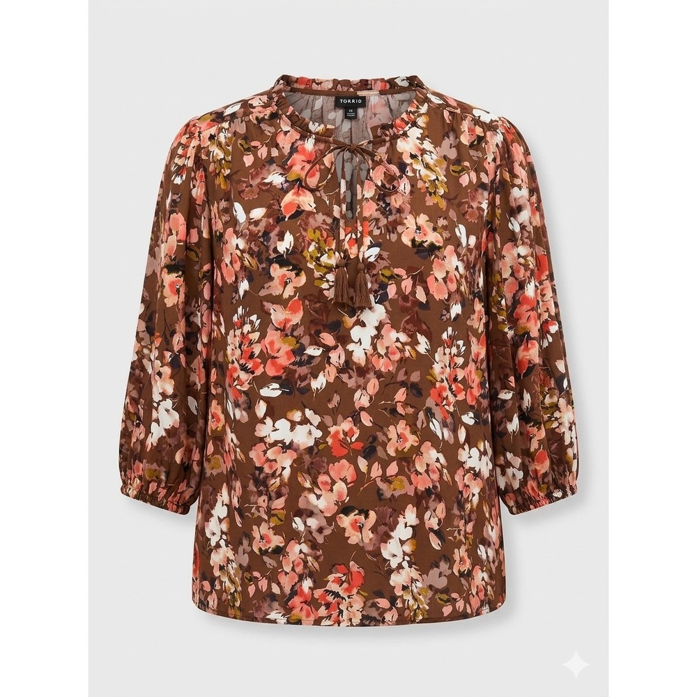 Torrid Floral Tie-Neck Peasant Blouse 3X Brown Pink White Boho Cottagecore Top